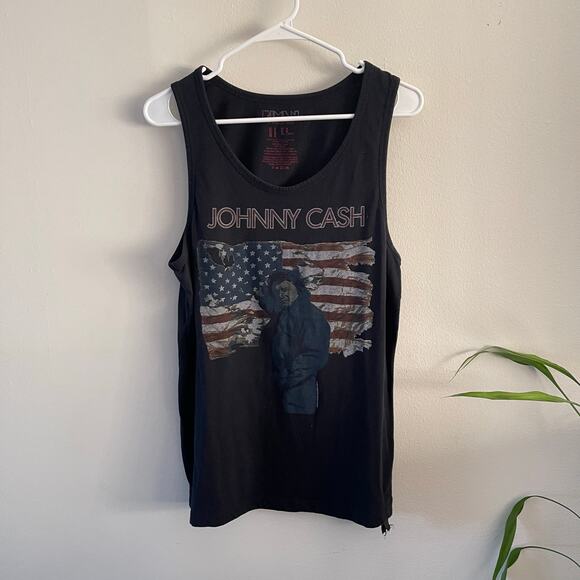 Johnny Cash Graphic Muscle Tank Top Women Medium Black USA Flag Country Rock Tee - Picture 1 of 6